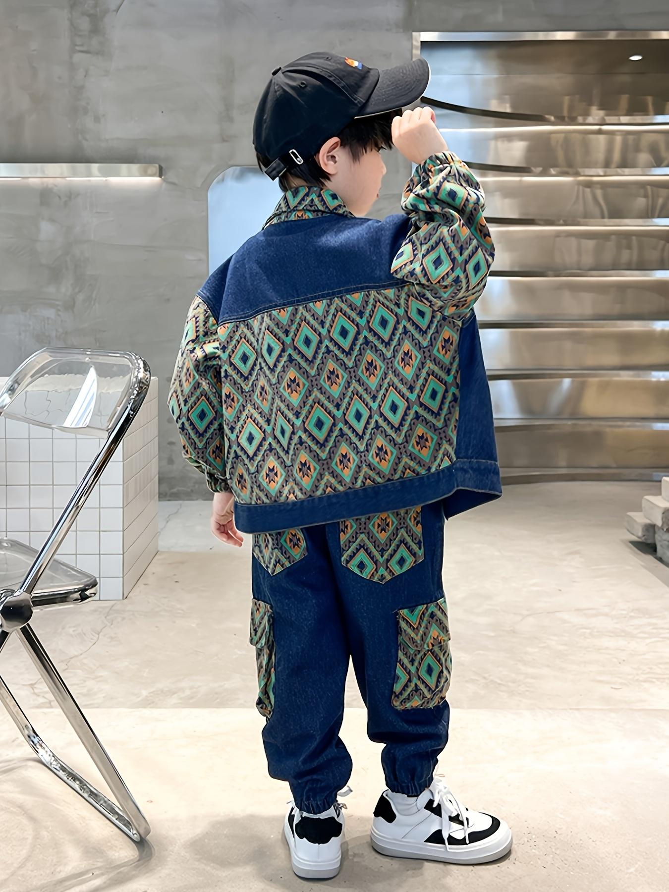 NewSuit Boys' Autumn Wear 2025 New Style Big Spring And Autumn Style Rogue Handsome Clothes Foreign Style Bohemian Style Fashion Suit Faux Denim Suit Two-Piece Set, for Outdoor