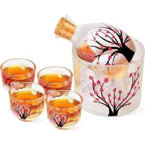 Irenare 6 Pcs Japanese Sake Set for 4, Pink Cherry Blossoms Sake Bottle Cups Set Including 1 Bottle 1 Tank and 4 Cups for Cold Hot Warm Carafe Japanese Christmas Gifts