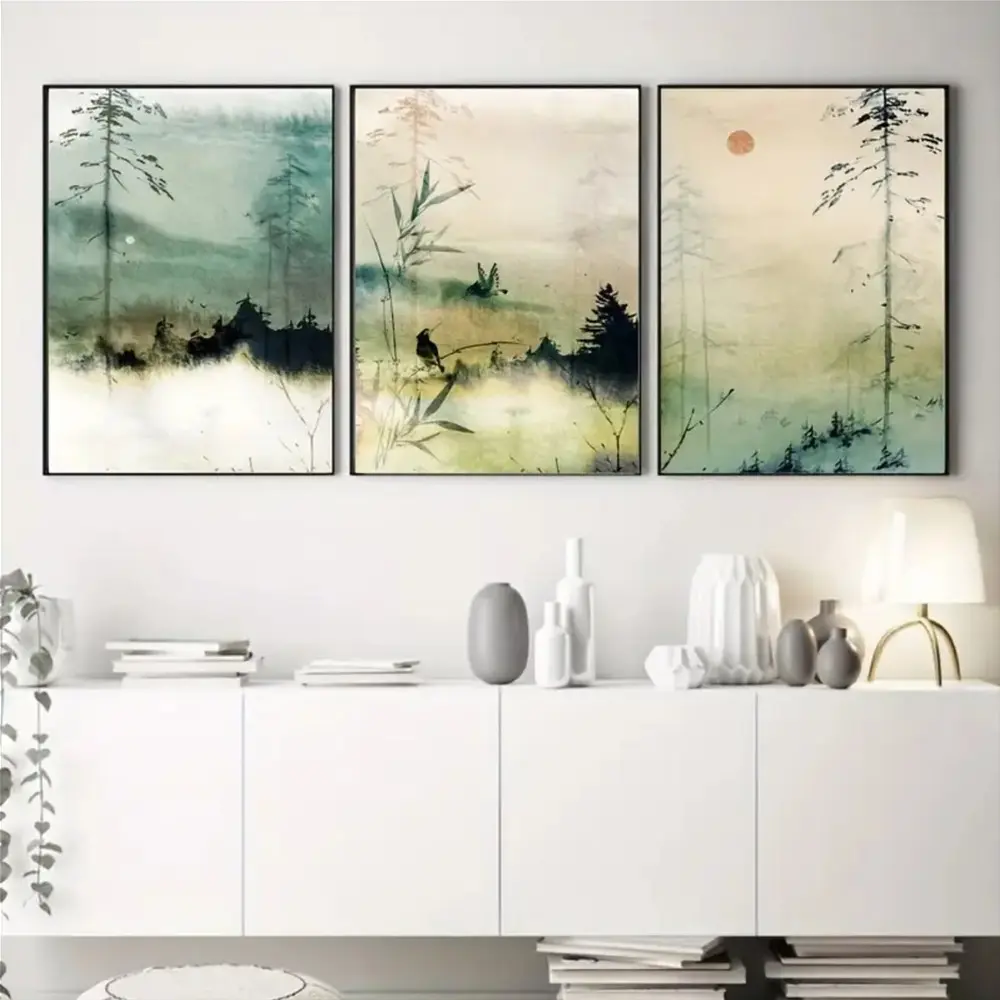3 Pieces Watercolor Nature Green Landscape Mountain Art, Japanese Wall Mural, Zen Nature Home Art, Japanese Gallery Decor, Green Tone Painting, Wall Decor for Tea Room and Study, Framed or Unframed.