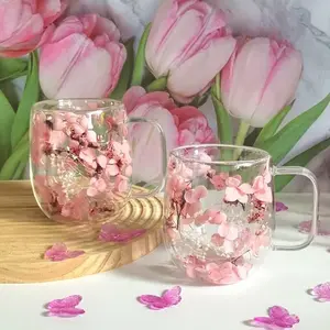 2-Pack Double-Wall Insulated Glass Cups, Drinkware, Floral Design, Handle, Elegant Colors, Hand Wash Only, Durable, Perfect Gift for Holidays