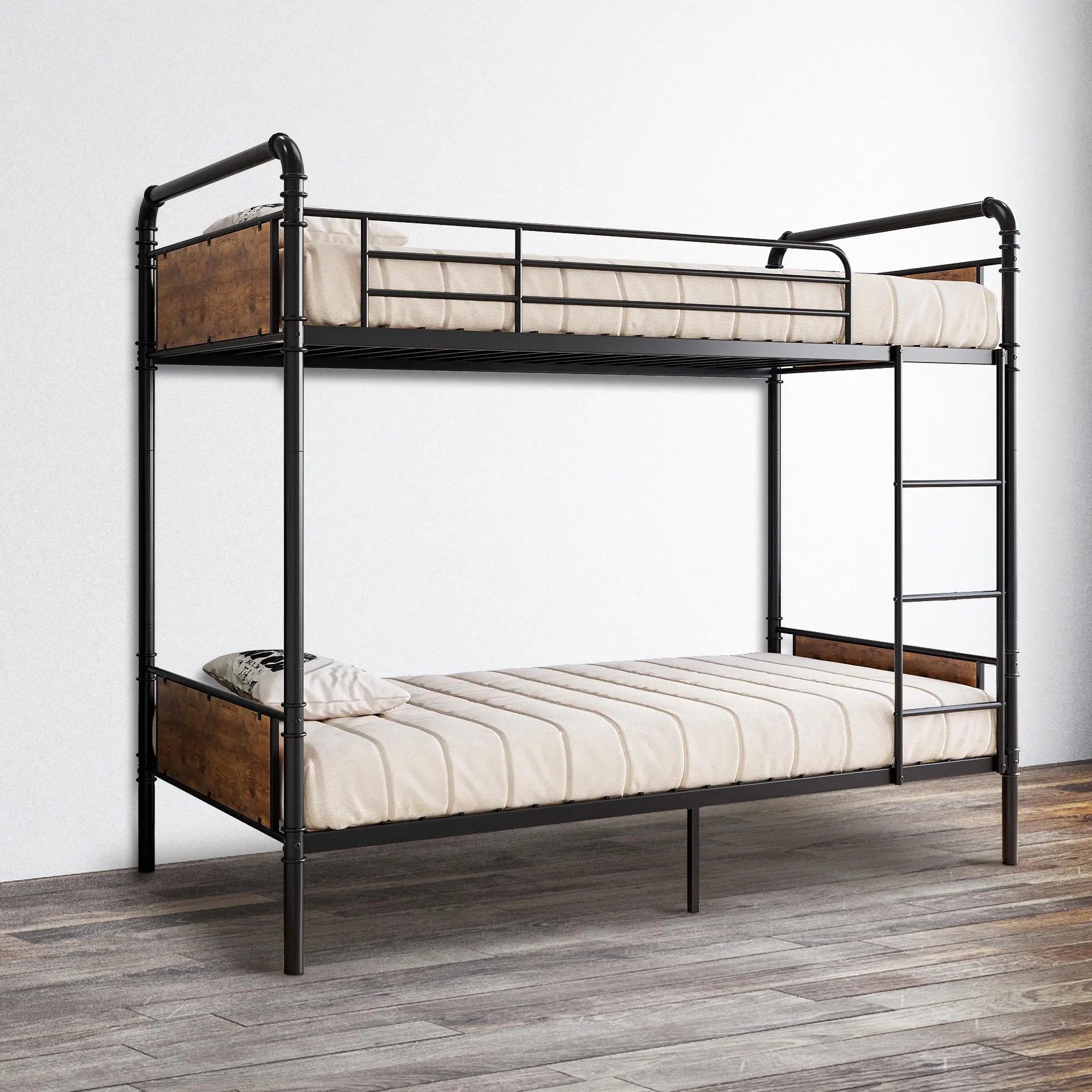 Modern Twin over Twin Bunk Bed with Metal and MDF Frame Space Saving Double Bunk Bed for Kids Teens Siblings Room Heavy Duty Platform Bedstead with High Guardrails Built-in Ladder No Box Spring Needed Small Space Apartment Furniture, Secure, Assembly Requ
