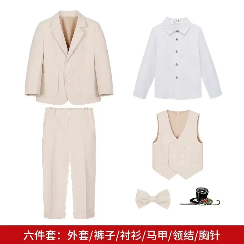 Boys' Gray Formal Six-Piece Suit with Bow Tie - Wedding Groomsman Outfit Boys, including jacket, vest, pants, white shirt, brooch, and bow tie