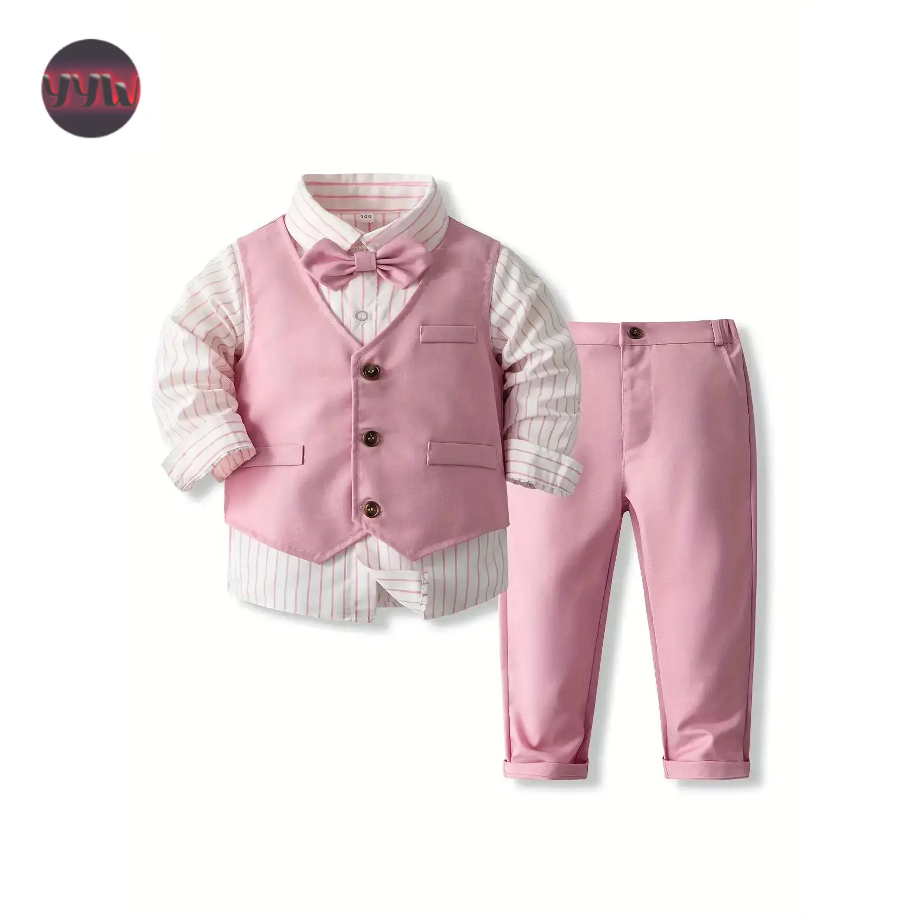 YYW1 Boys' Elegant Pink Striped Woven Fabric Regular Fit Formal Suit - All Season Party Wear, Includes Stylish Bow Tie Set, Durable for Weddings & Parties