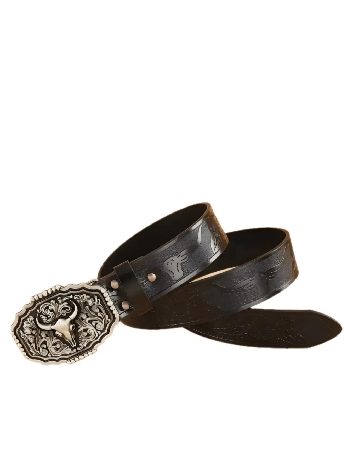 Boho Style Vintage Western Belt, Fashionable Ethnic Pattern Embossed Belt Buckle for Women & Men, Trendy All-match & Exquisite Belt for Birthday Gift