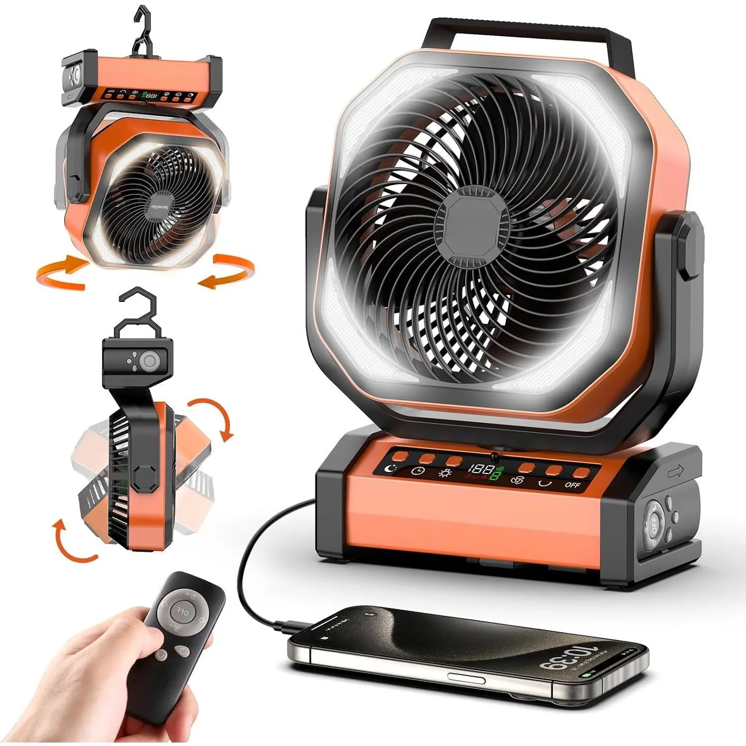 Camping  with Light - 20000mAh Rechargeable  , 112Hrs Max Run Time, 9 Speeds, Digital Display, Timer, Auto Oscillation, 270? Pivot & Hook for Camping, Power Outage, Hurricane
