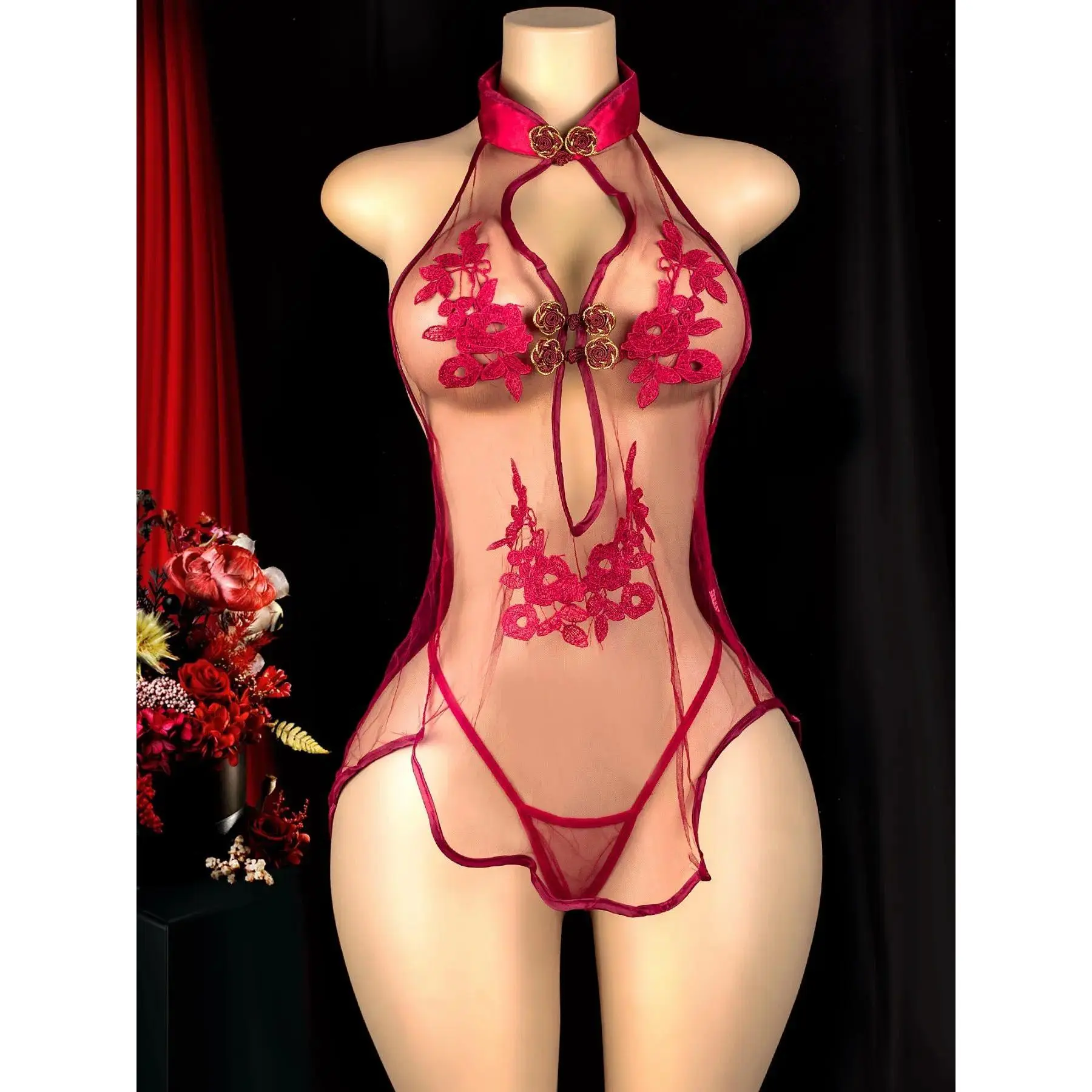 Women's Wine Elegant Chinese Qipao Dress, Embroidered Mesh Backless Sleepwear, Includes Underwear, Ethnic Style Nightgown