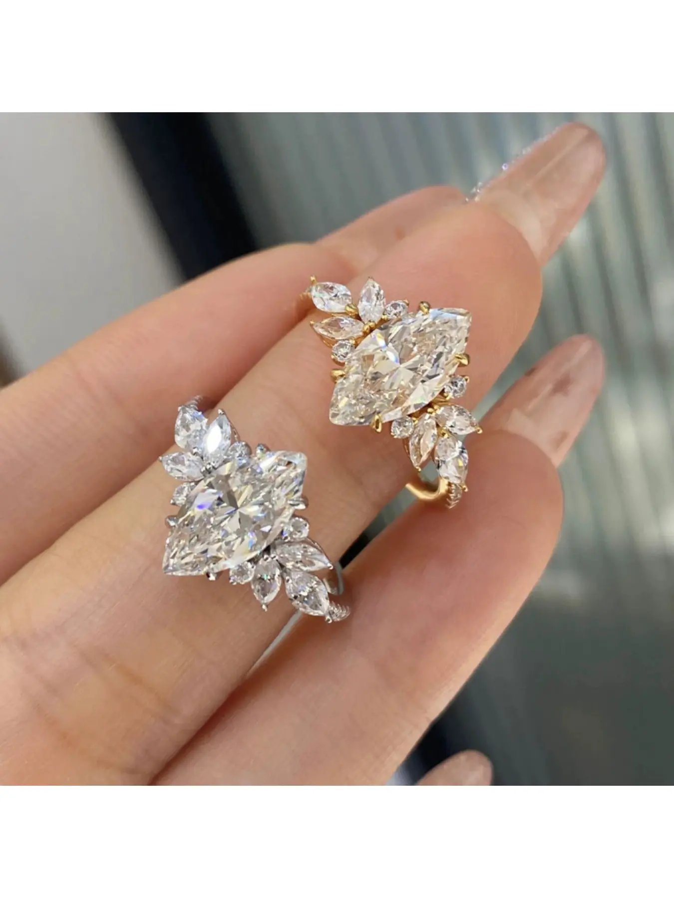 Crystal Ice Flower Luxury Sparkling Full-Diamond Marquise Cut Ring, High-End Versatile Vintage Index Finger Ring, Crystal Rings