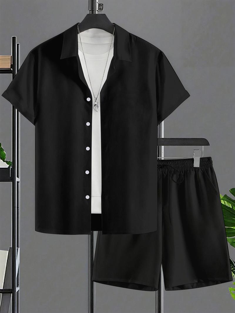 Plus Size Men's Short Sleeve Suit 2pcs Fashion Summer Sportswear Casual Suit with Solid Color Shorts for Comfortable Wear