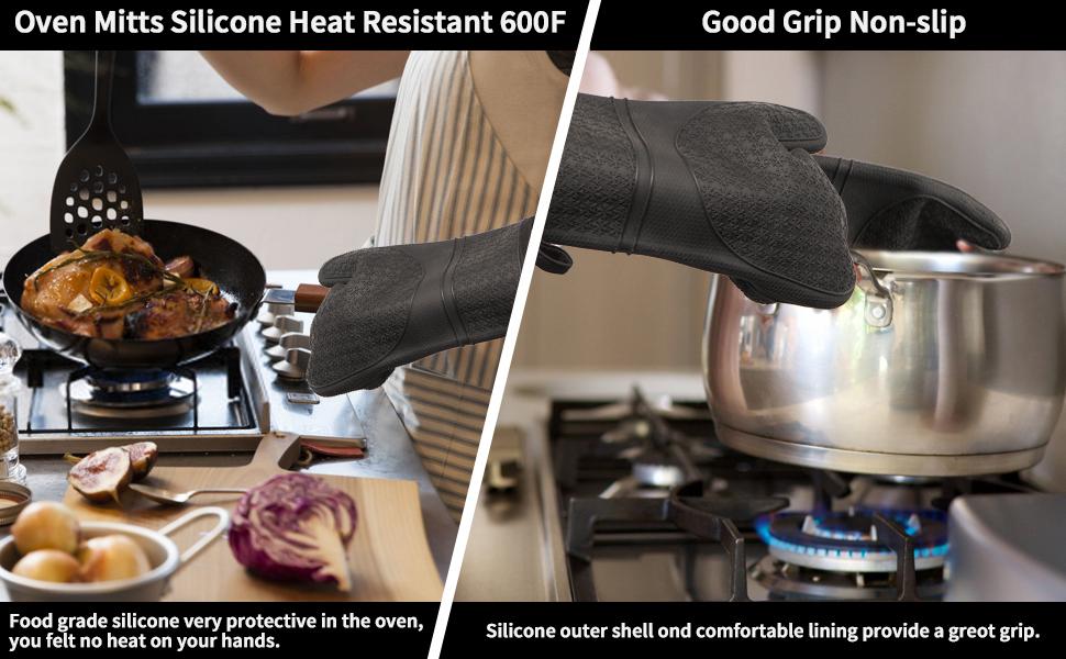 Silicone Oven Mitts, Heat Resistant to 500 Degrees Fahrenheit, 2-Pack Kitchen Gloves, 11.6inch BPA-Free Soft Baking Gloves, Non-Slip Grip Oven Mitts with Soft Cotton Lining, Suitable for Kitchen Cooking, Baking, Barbecue - Black