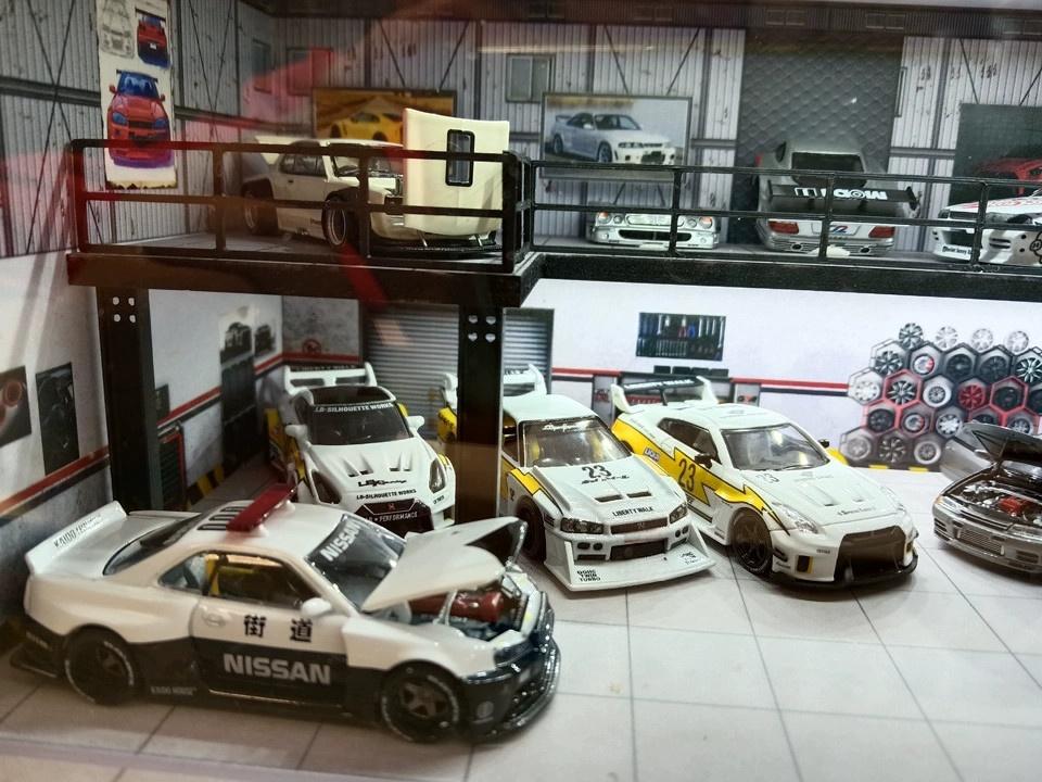 Diorama 1/64 Car Garage Model LED Lighting City Repair Workshop Two-storey Car Parking Lot Scene Display Model Collection Gift Toy