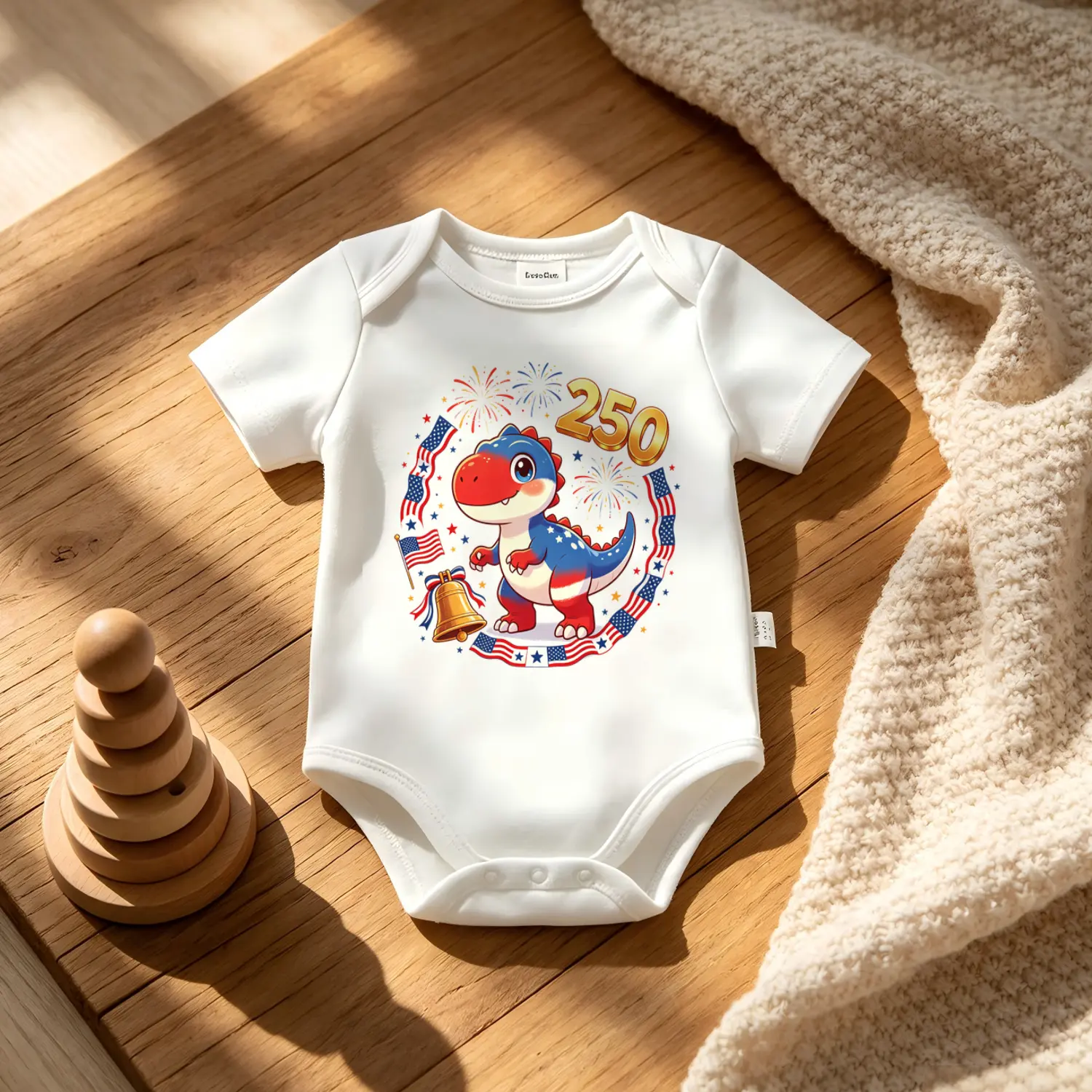Patriotic Dinosaur 250th Anniversary Baby Onesie, Soft Cotton Unisex Short Sleeve Bodysuit for July 4th and Newborn Summer Essentials