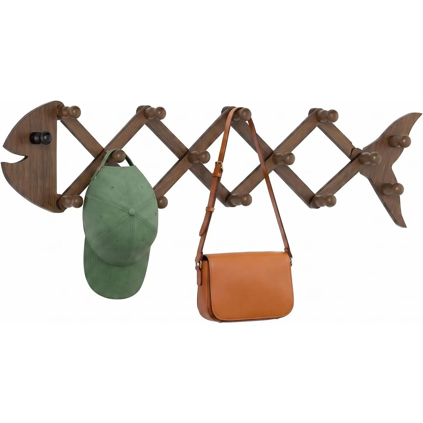 Accordion Wall Hanger, Expandable Coat Hat Rack with 15 Peg Hook | Wooden Coat Rack Wall Mount, Decorative Fish Shape Wall Hangers for Coat, Hats, Bags, Baseball Caps - Removable  & Tail