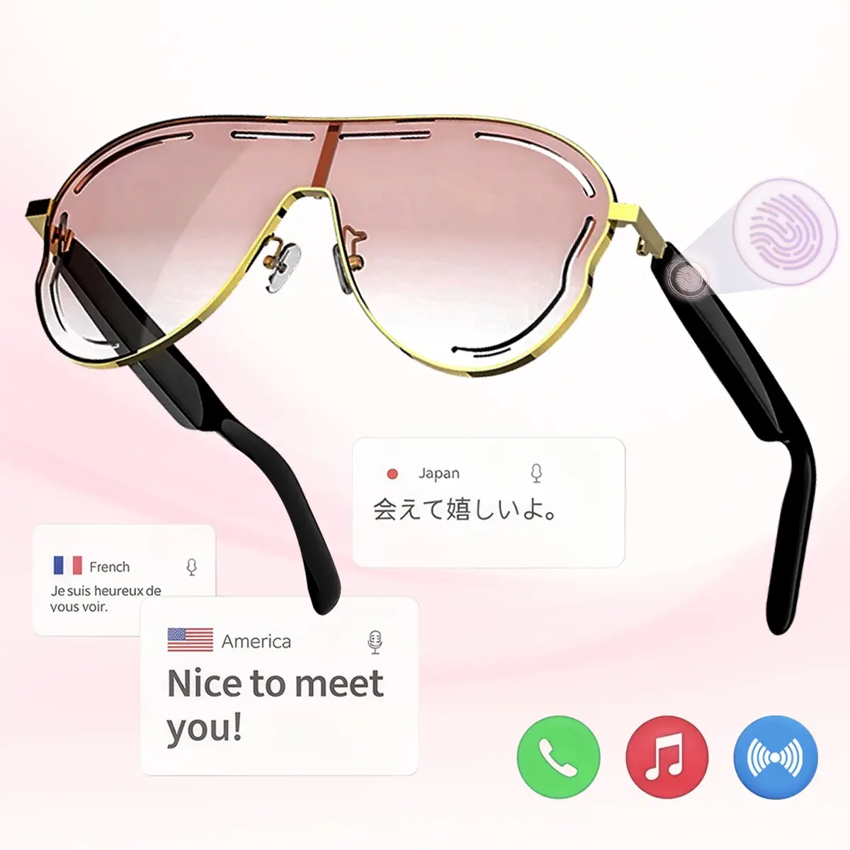 Smart Glasses with Real Time 130+ Languages AI Translator, Trendy Aviator Pink Sunglasses for Women with Magnetic Charging & Travel Case, Voice Assistant & Hands Free Calls, Long Lasting Battery, For Travel Holiday Tourism