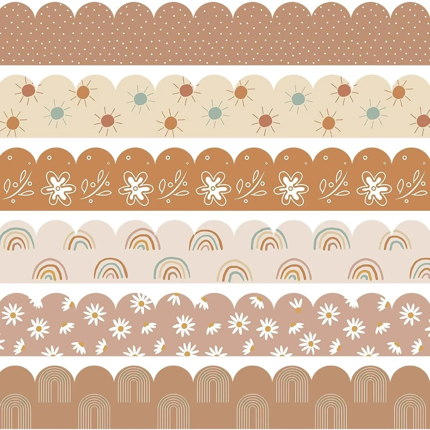 84Ft Boho Bulletin Board Borders, Boho Classroom Decorations, Retro Floral Daisy Sun Rainbow Dot Trim Borders for Teacher School Supplies Classroom Door Wall Decor, 6 Styles, Brown