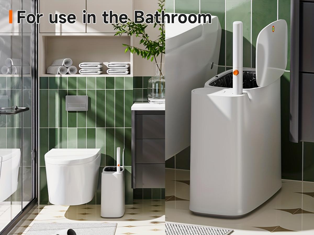 2-in-1 Trash Can With Toilet Brush And Brush Head | White Rectangular Modern Bathroom Narrow Seam Trash Can With Push-On Lid, Disposable Toilet Brush, Ivory, Bathroom Decor And Accessories, Floor Mount, Plastic 2-in-1 Trash Can With Toilet Brush And Brush Head | White Rectangular Modern Bathroom Narrow Seam Trash Can With Push-On Lid, Disposable Toilet Brush, Ivory, Bathroom Decor And Accessories, Floor Mount, Plastic