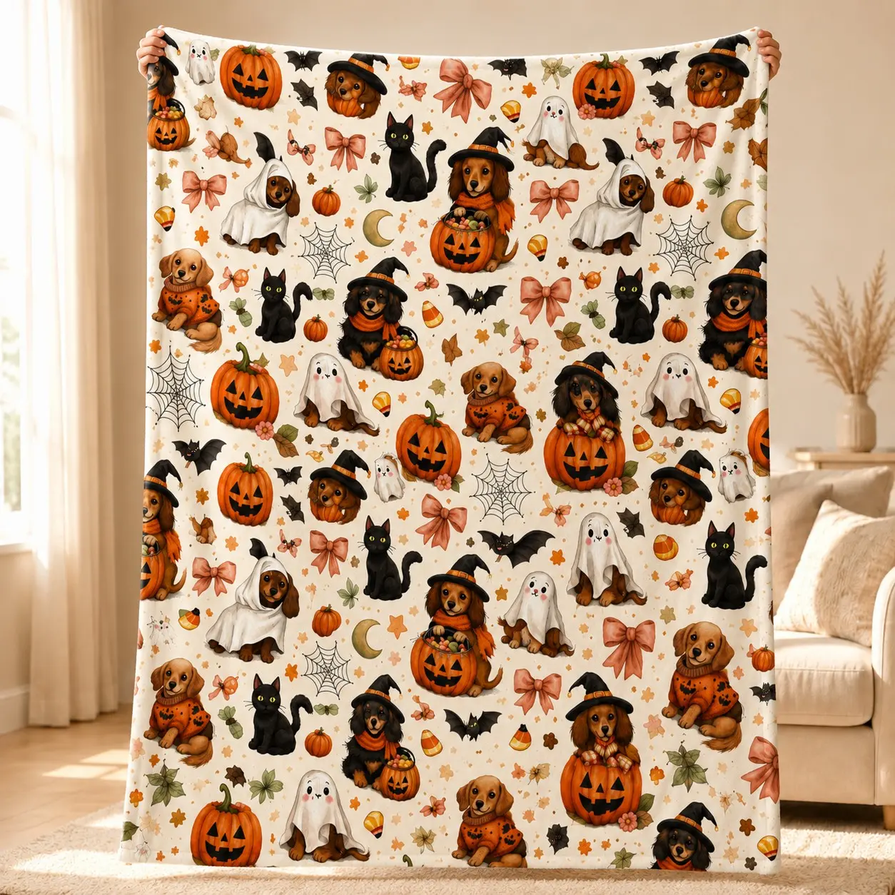 Cute Halloween Dachshund Flannel Blanket, Pumpkin Ghost Cat Print, Ultra Soft Lightweight Throw, Spooky Decor & Dog Lover Gift