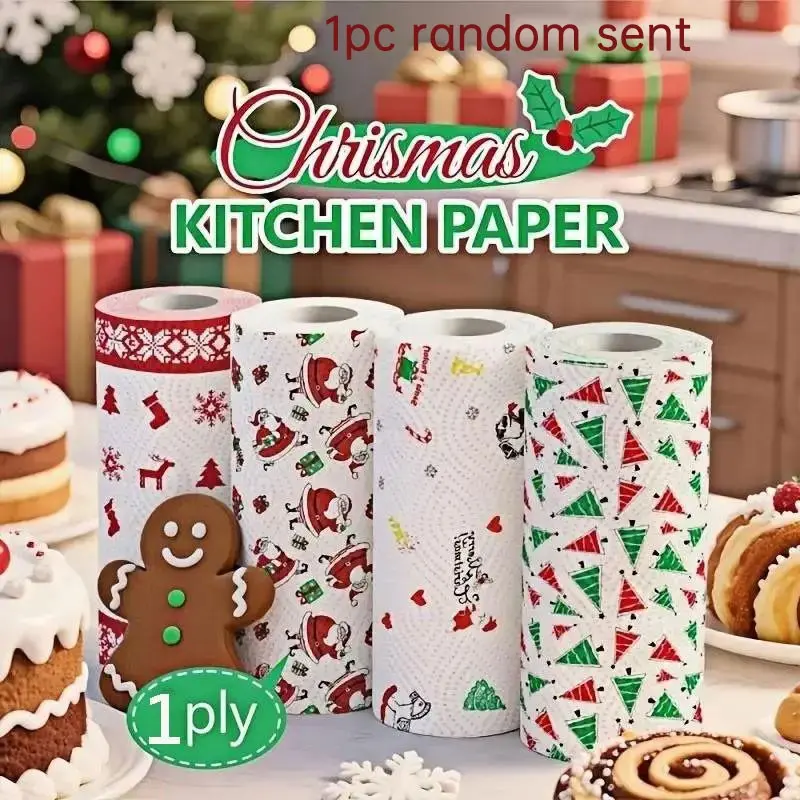 Christmas Kitchen Paper, Kitchen Paper Towels, Thick Three-Ply Roll, Disposable Kitchen Cleaning Paper, Random Style, Christmas Gift, Decorative Napkins