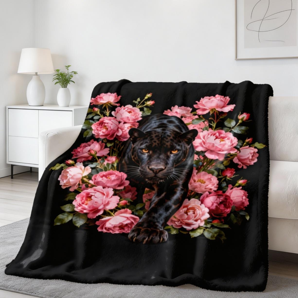 Black Panther Pink Peony Flannel Blanket, Ultra Soft Floral Animal Throw Blanket, Warm Cozy Lightweight Sofa Couch Bedroom Decor, Unique Gift