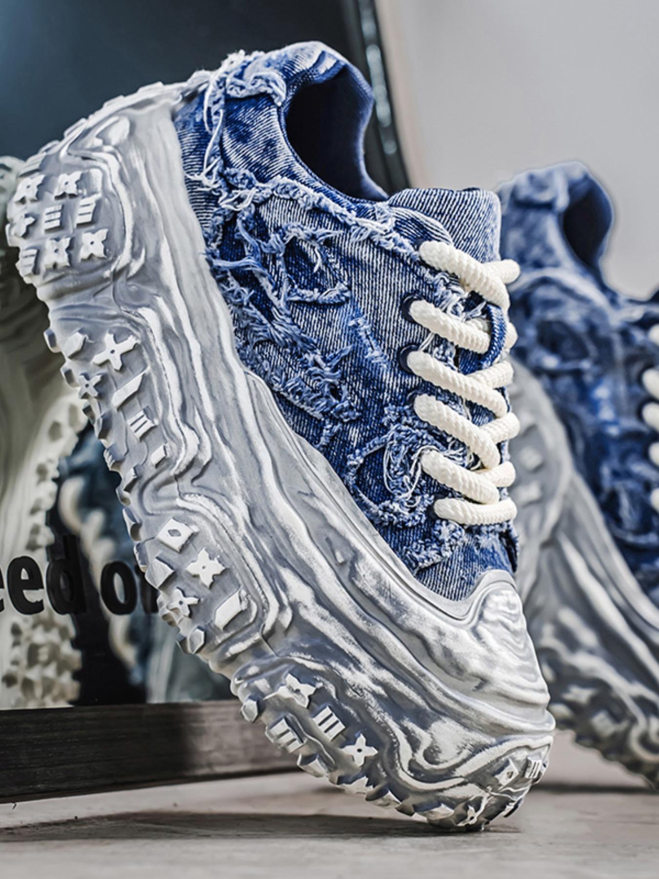 Men's Distressed Denim Chunky Platform Sneakers, Frayed Retro Streetwear Shoes, Avant-Garde Footwear for American Fashion Lovers Men's Distressed Denim Chunky Platform Sneakers, Frayed Retro Streetwear Shoes, Avant-Garde Footwear for American Fashion Lovers