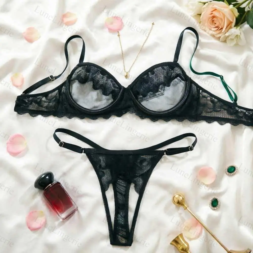 European Style Sheer Lace Trim Two-Piece Underwear Loungewear Set for Women