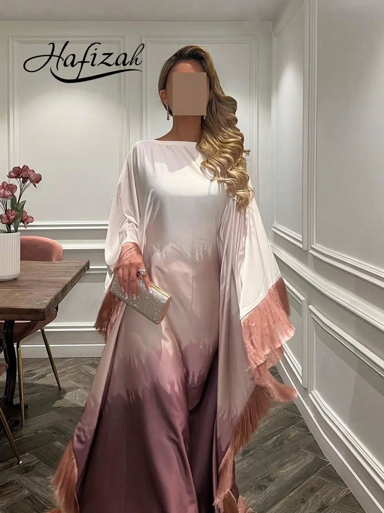 Gradient Satin Fringe Batwing Sleeve Long Dress, Loose-Fitting Formal Evening Gown, All Seasons Cover-Up, Luxury Elegance Women's Party Wear