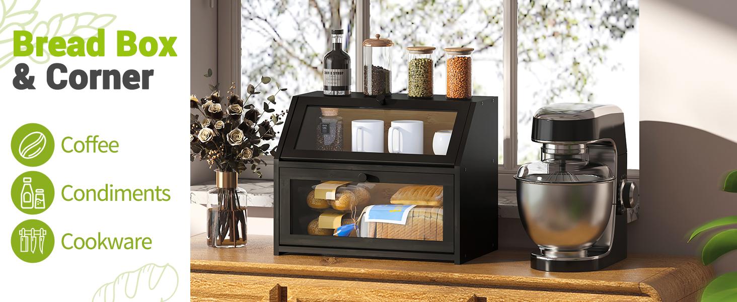 Farmhouse Bread Box for Kitchen Countertop Bread box Double Layer Bamboo Wooden Extra Large Capacity Bin Kitchen Food Storage Container(Black)