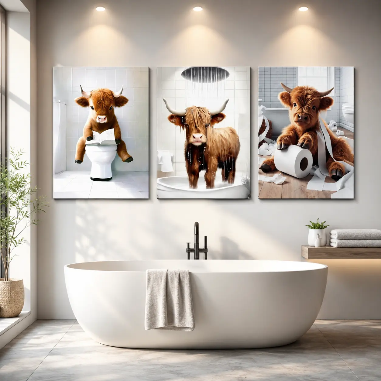 3 Piece Highland Cow Canvas Wall Art Set, Rustic Farmhouse Cow Painting, Modern Framed Wall Decor for Living Room Bedroom Office, Western Country Home Decor, Farm Animal Artwork, Cozy Ranch House Decor, Gift for Cow Lovers