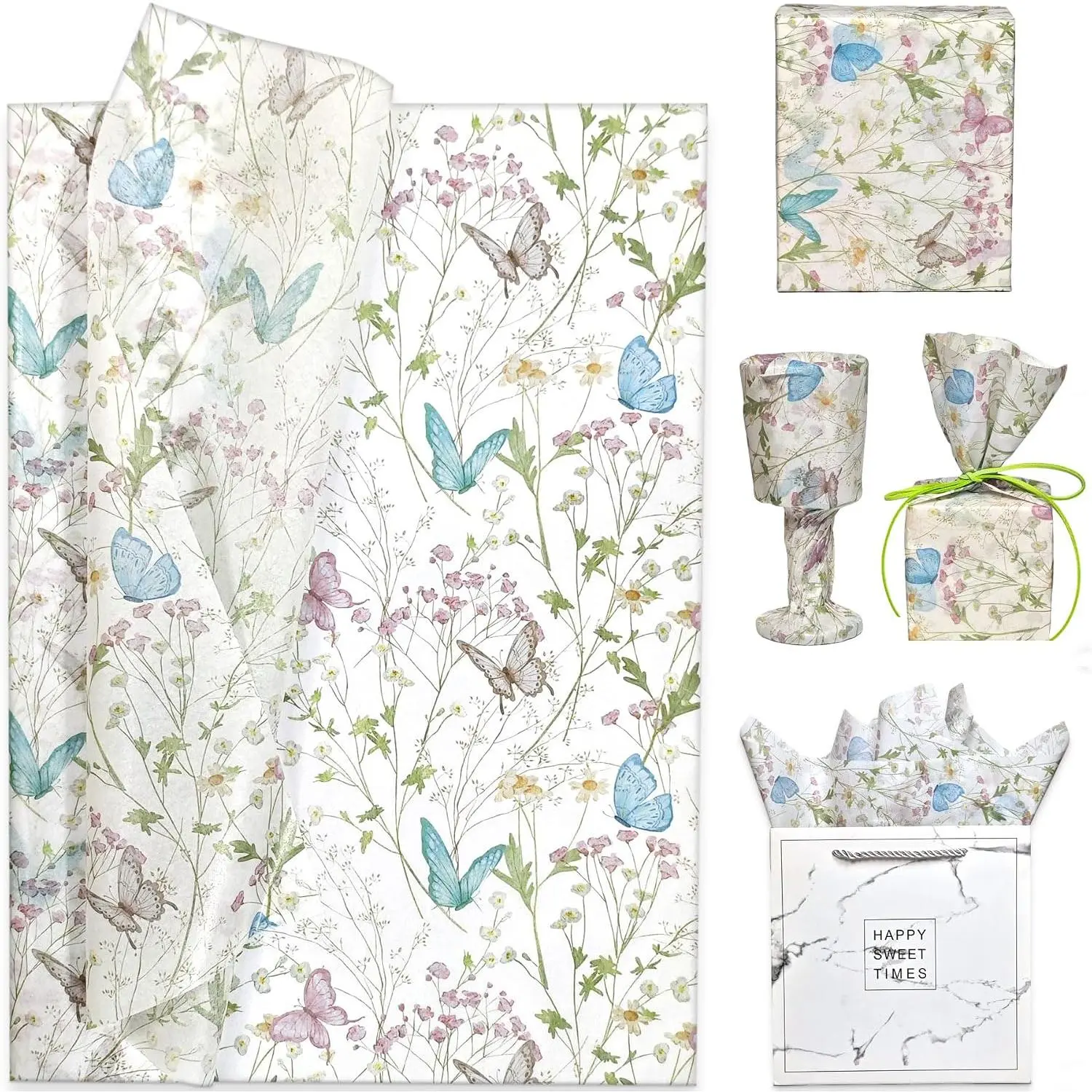 Butterfly Floral Tissue Paper 60 Sheets 20x14 inch, Elegant Wildflower  Wrapping Tissue Paper for  Bag, Packaging, Birthday, Wedding,  Shower, Spring Party Decor, Crafts Supplies