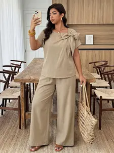 Plus Size Women's Solid Color Simple Set, Butterfly Knot Design, Loose Batwing Short Sleeve Top & Straight Leg Pants, Fashionable Comfortable Clothes