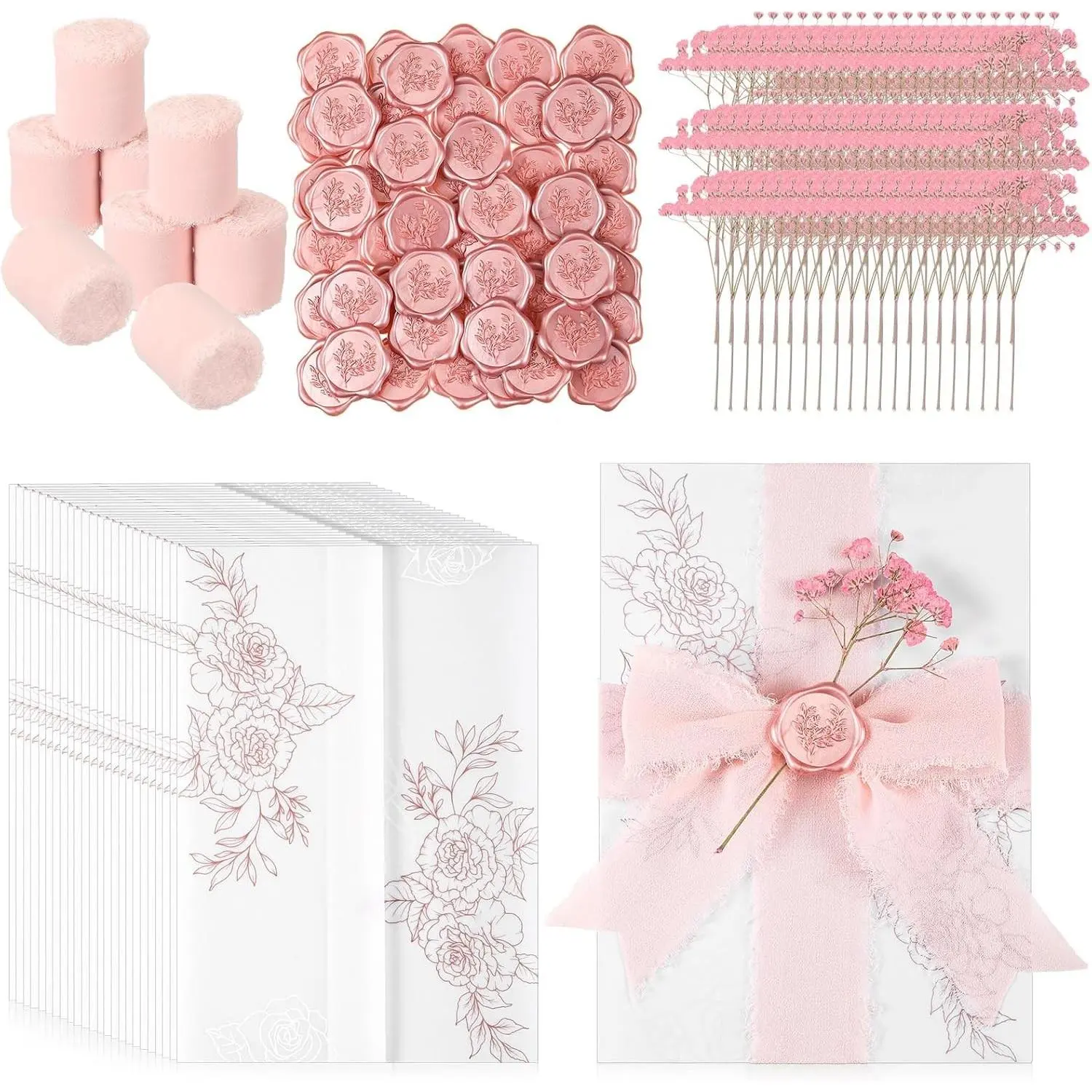 50 Sets Wedding Invitations Wraps Set Rose Gold Foil Pre Folded Vellum Jackets for 5 x 7 Invitations Pink Dried Flowers Wax Seal Stickers Chiffon Silk Ribbon for Craft DIY