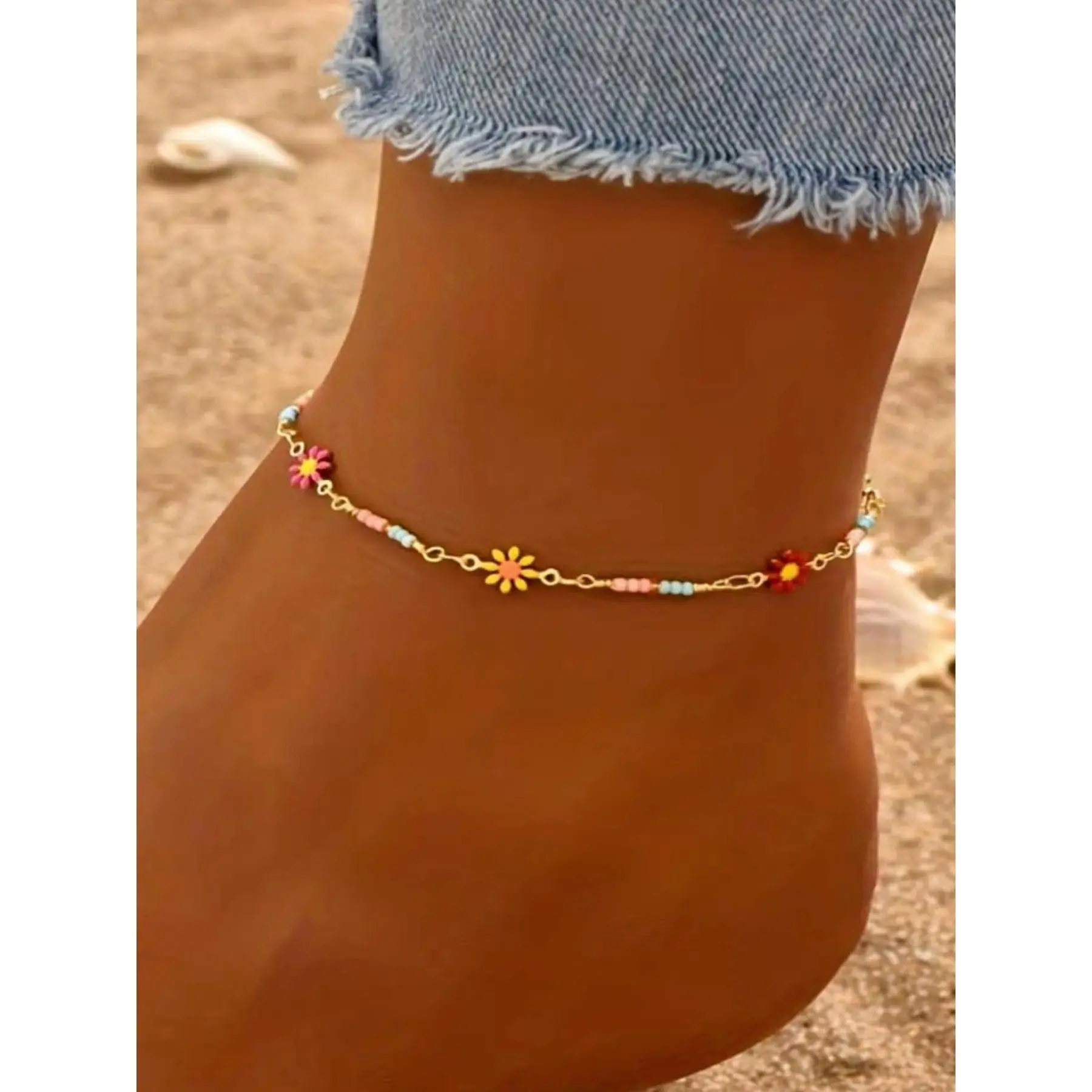 Chic Aesthetic Daisy Beaded Anklet Boho Colorful Enamel Flower Beach Foot Chain Adjustable Layering Summer Vacation Jewelry For Women