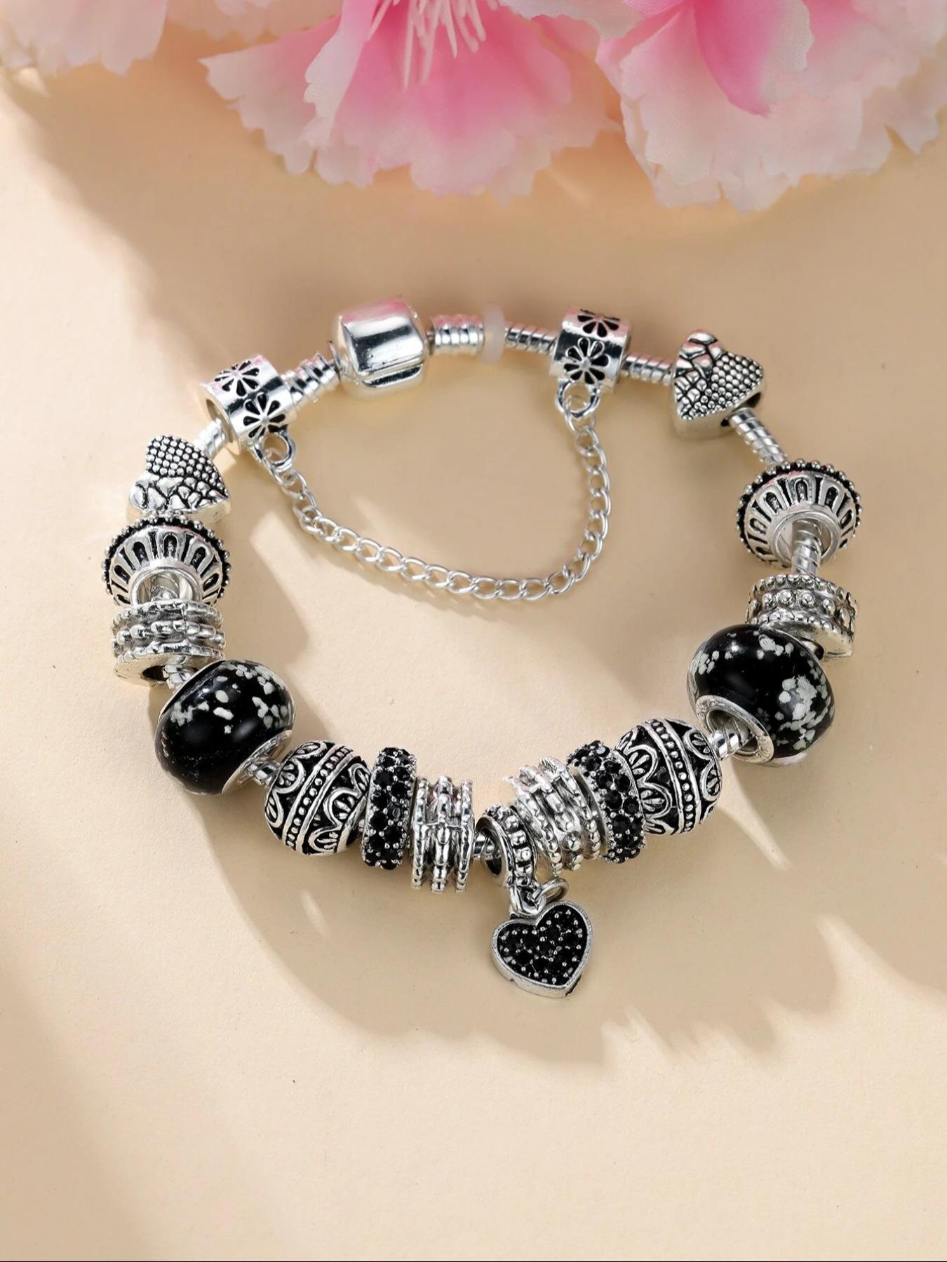 Rhinestone Decorated Heart  Beads Charm Bracelet, Fashion Diy Bangles/bracelets for Girls/women for Daily Decoration, Heart Shaped Bracelet, Diy Forever Bracelets