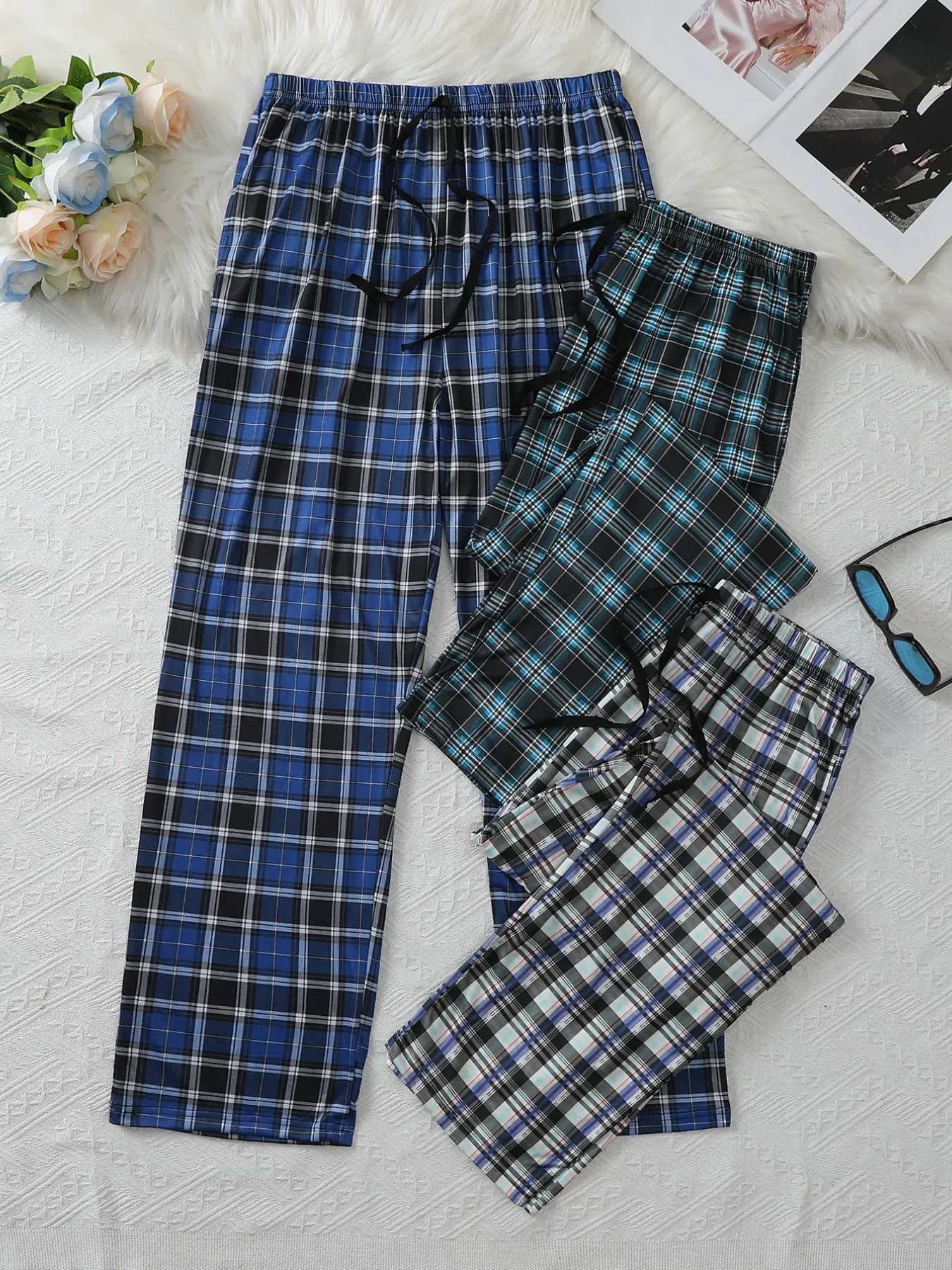 Three-Pack Men's Spring Fall Home Wear Bottoms, Comfortable Pajama Lounge Pants, Plaid Checked Print, Casual and Cozy Sleepwear, Loungewear Pjs, Loose