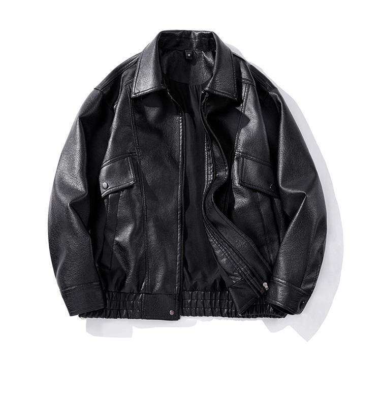 BIGWIG men's autumn and winter casual faux leather bomber jacket, fashionable modern motorcycle flight jacket, casual loose soft motorcycle jacket, lapel button zipper long sleeve with pocket jacket, PU leather