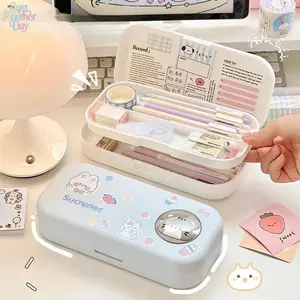 Morandi Double Layer Pencil Case Cute Cartoon Window Hard Plastic Stationery Box Multi Compartment Lift Tray Pen Storage For Girls Student Back To School Gift