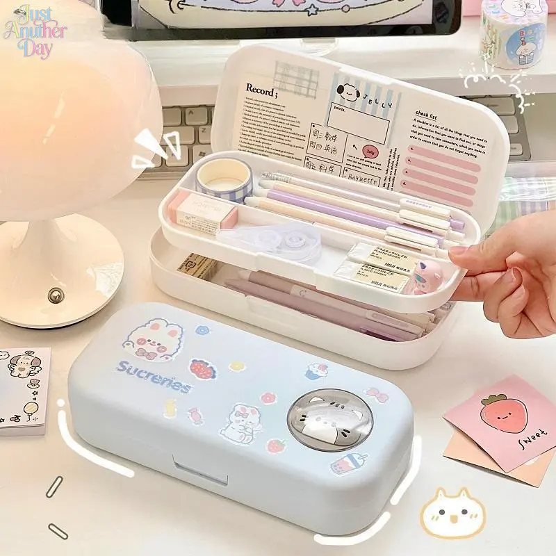 Morandi Double Layer Pencil Case Cute Cartoon Window Hard Plastic Stationery Box Multi Compartment Lift Tray Pen Storage For Girls Student Back To School Gift