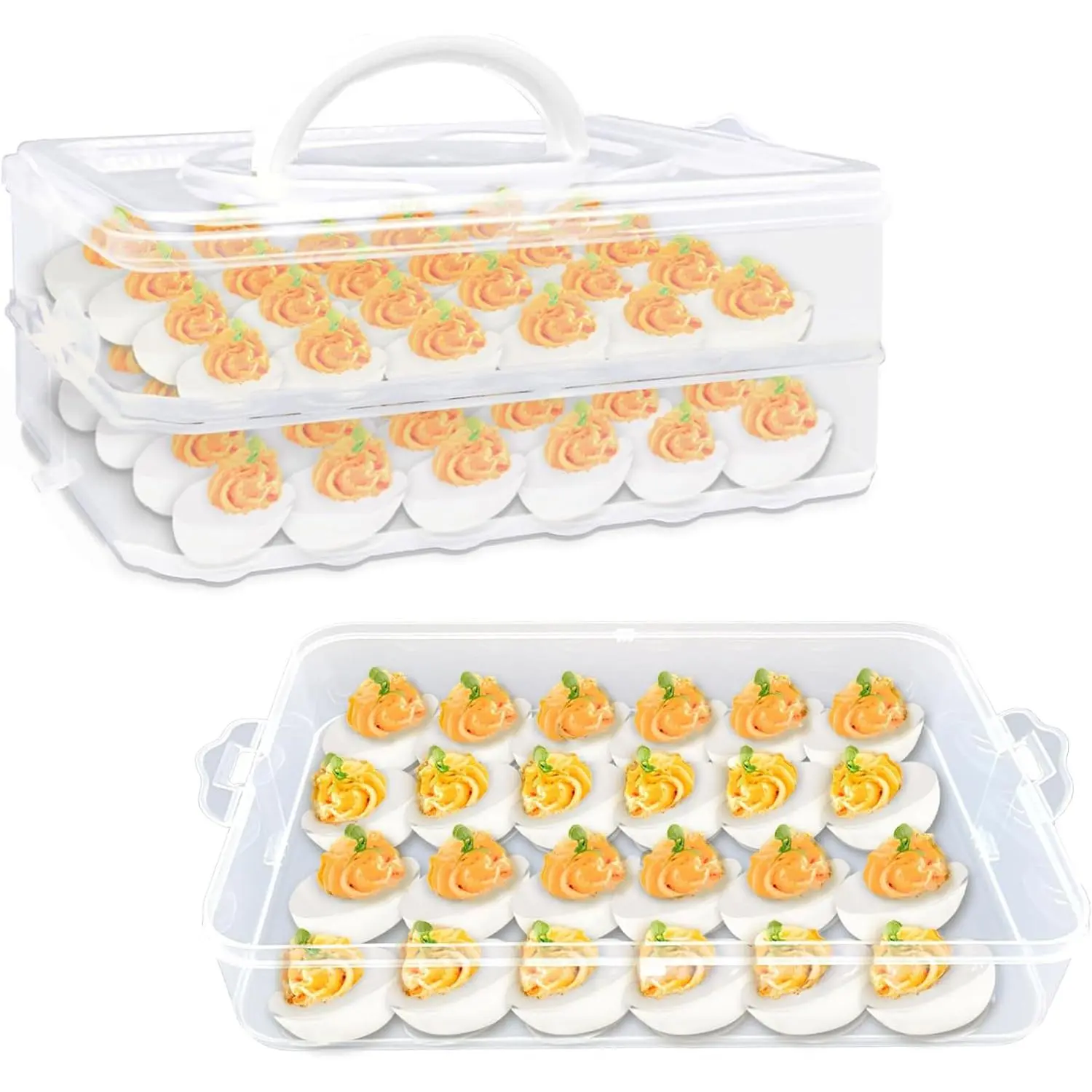 3 Layer Deviled Egg Trays Containers with Lid,Plastic Refrigerator Egg Carrier with Handle for 72 holes,Clear Storage Platter for Portable Devil Egg,Easter Thanksgiving
