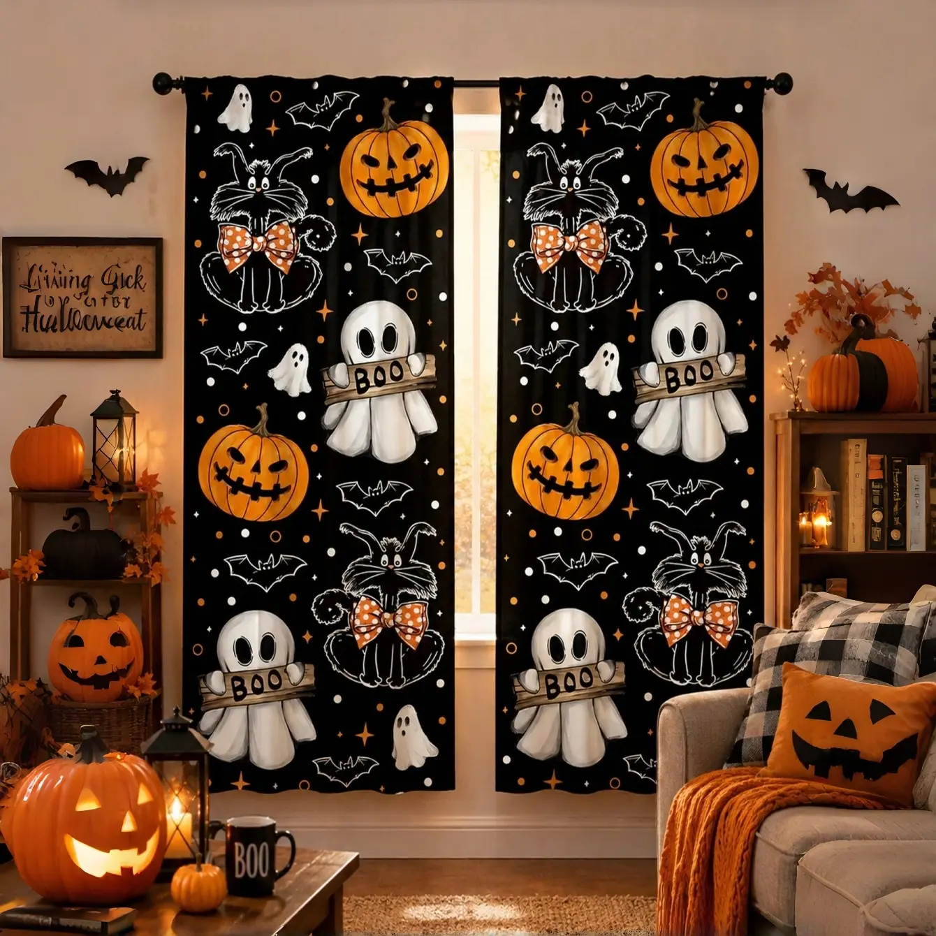 2 Piece Halloween Ghost Curtains, Boo! Window Decor, Cute Witch Hat Pumpkin Pattern, Spooky Fun Home Decoration, Fabric