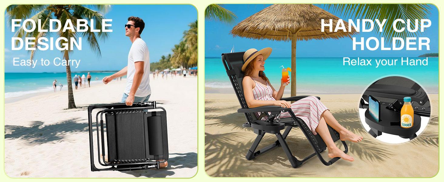 Zero Gravity Chair, Reclining Camping Lounge Chair w/Removable Cushion, Upgraded Lock and Cup Holder, Reclining Patio Chairs Folding Recliner for Indoor and Outdoor