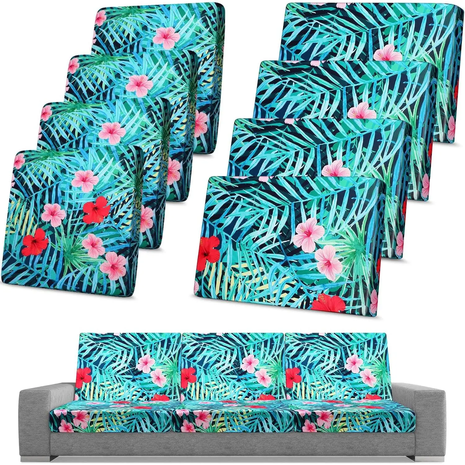 8 Pcs Waterproof Stretch Patio Sofa Cushion Cover, Outdoor Replacement Cushion Cover Including 4 Backrests and 4 Cushions, Sofa Seat Covers Furniture Protector (Tropical Plants)