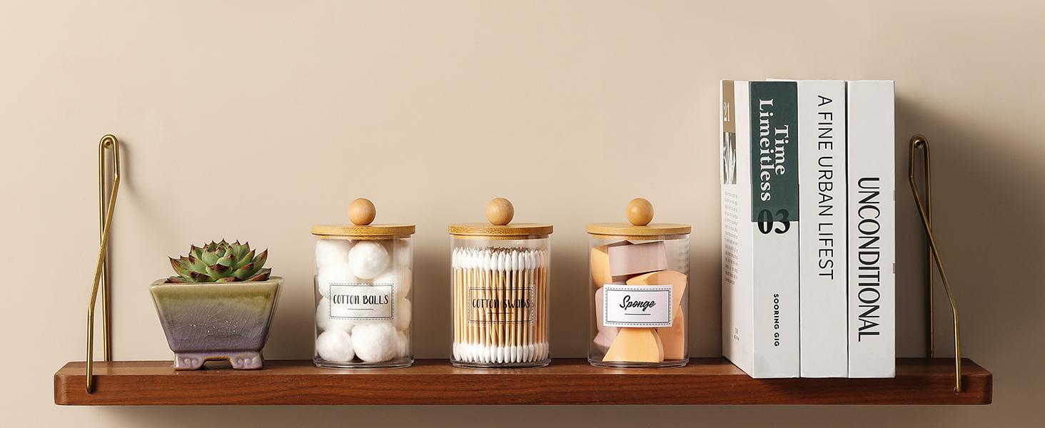 4 Pack Qtip Holder Dispenser with Bamboo Lids - 10 oz Clear Plastic Apothecary Jar Containers for Vanity Makeup Organizer Storage - Bathroom Accessories Set for Cotton Swab, Ball, Pads, Floss