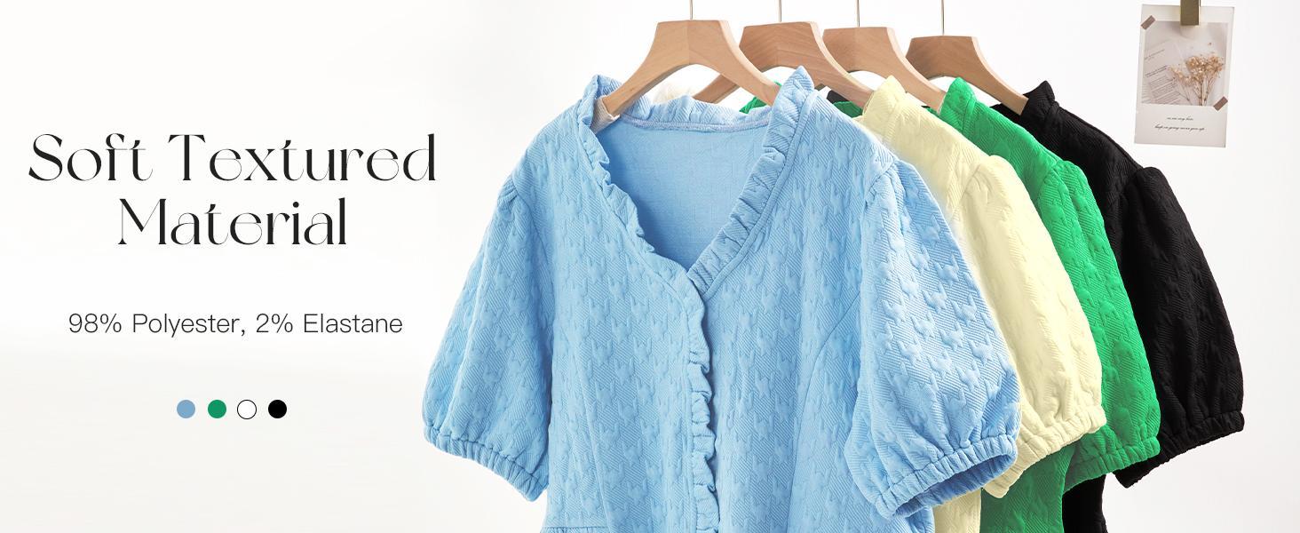 Fashare Womens Peplum Puff Sleeve Tops Dressy Casual Summer Textured Blouses V Neck Ruffle Pleated Shirts