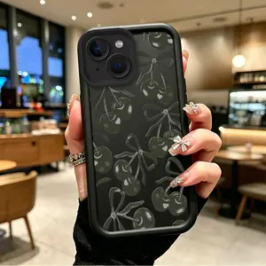 Durable Soft Silicone Casing for iPhone 15 Plus - Polycarbonate Shockproof Resistance Protector, Black Cherries Cool-Sweet Blend, Celestial Eye Layered Design, Secure Button Coverage Mobile Phone Accessory