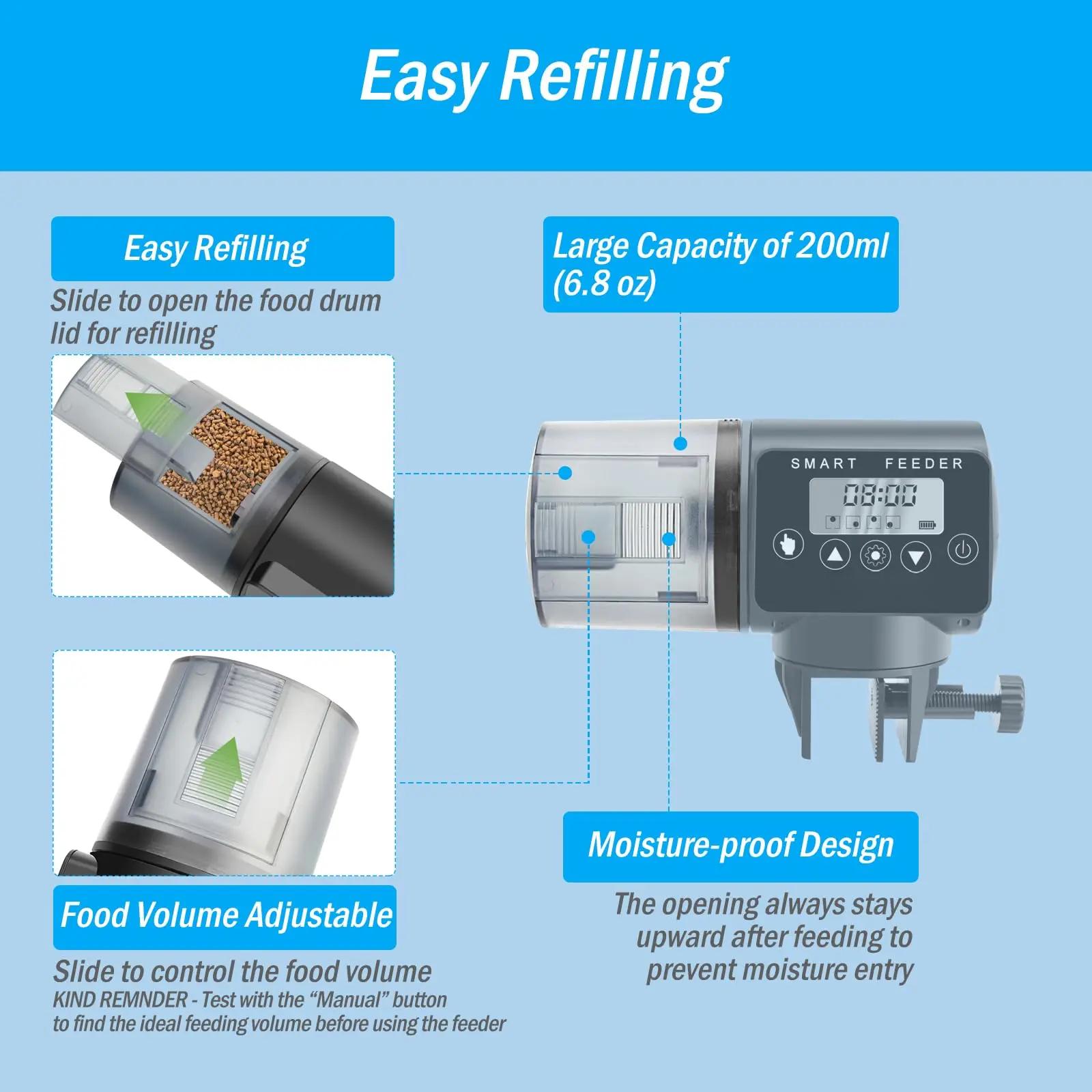 Automatic Fish Feeder for Aquarium, Fish Feeder Automatic Dispenser with Timer for Granules Pallets Strips, Volume Adjustable Pet Supplies