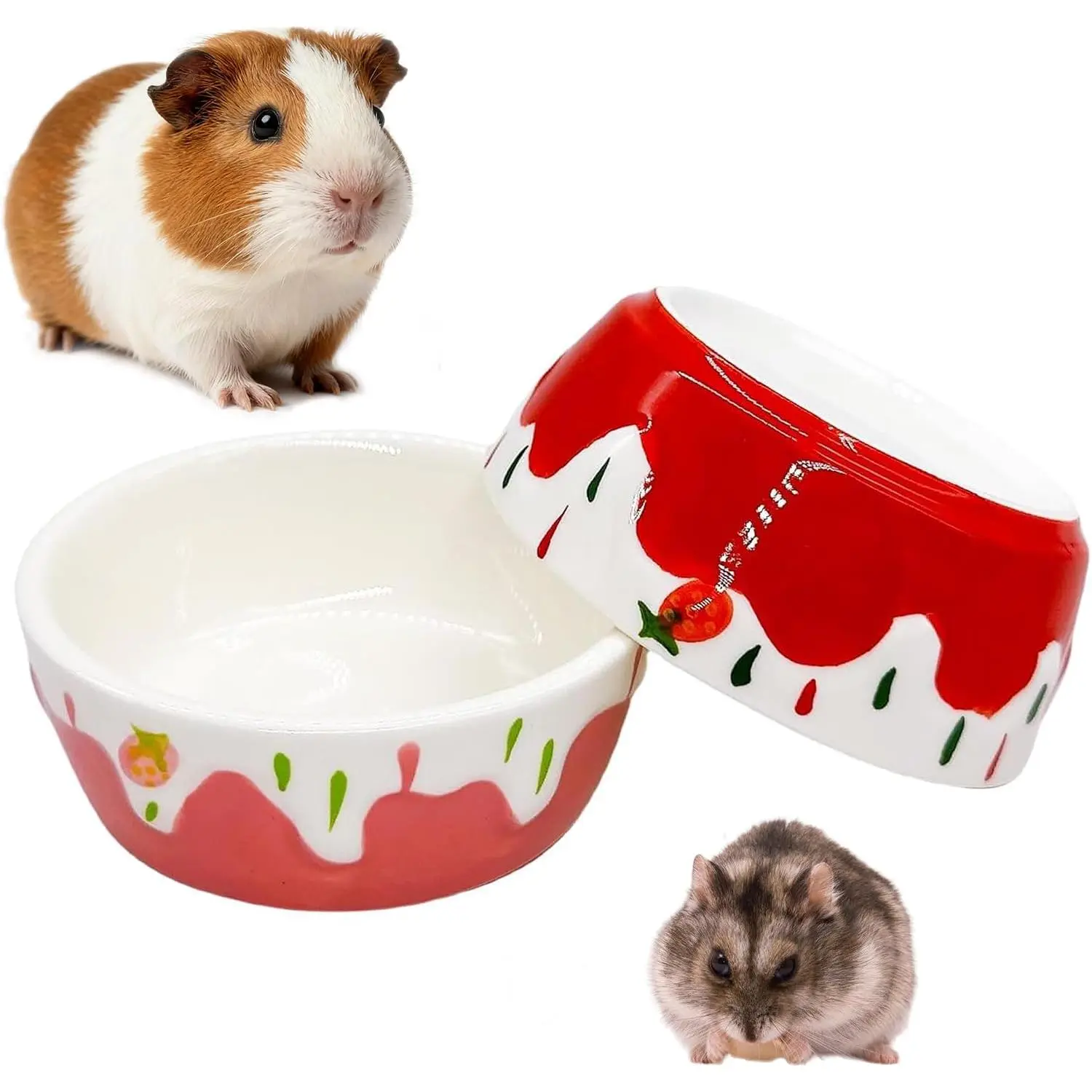 2 Pack Hamster  Bowl Guinea Pig Ceramic  Water Bowl  Tipping Moving for Gerbil Chinchilla Hedgehog Rat (Color:  + Red)