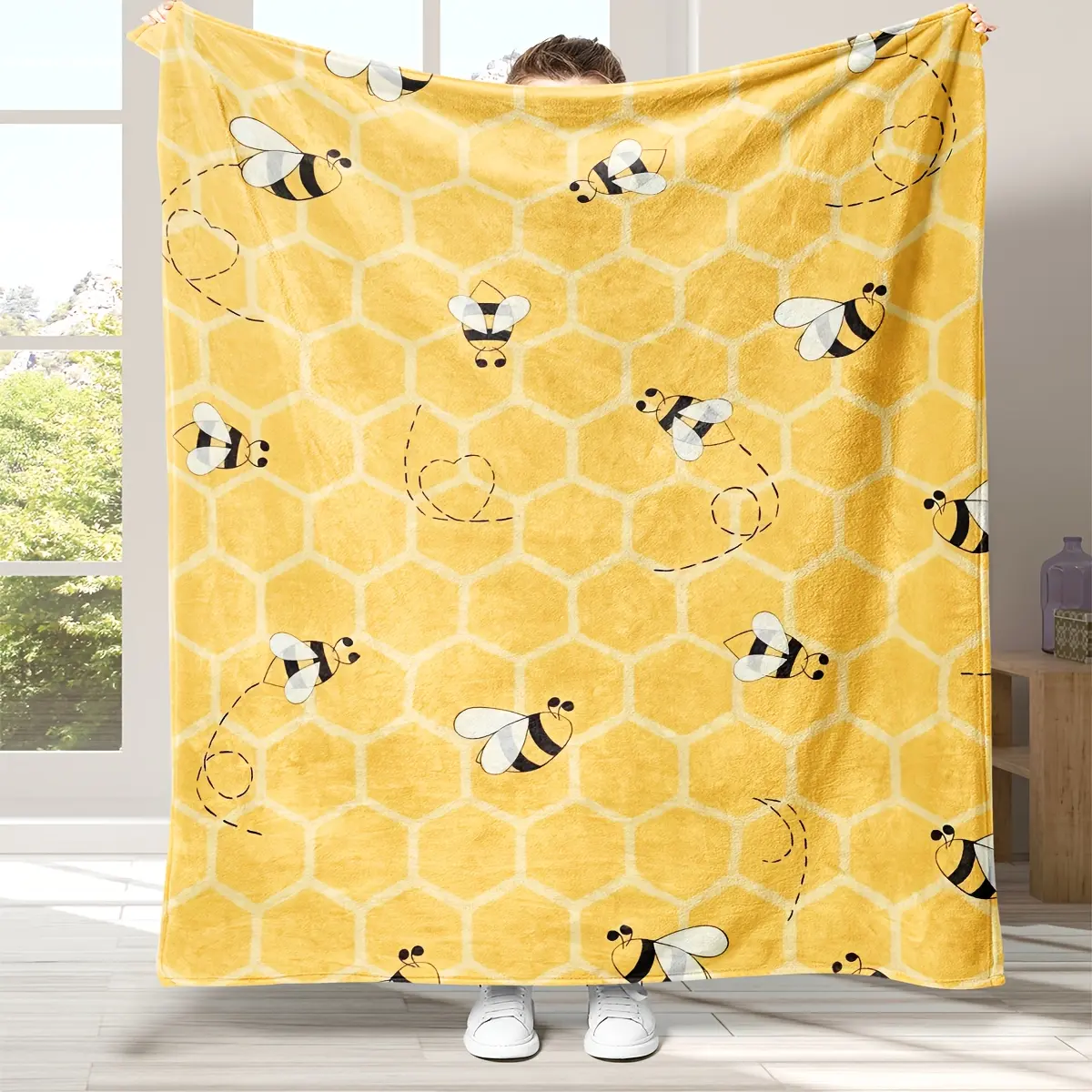 Bright Yellow Honeycomb Cute Cartoon Bee All Over Print Flannel Blanket Kids Kawaii Bumblebee Honey Throw Blanket Neutral Cottagecore Spring Toddler Couch Nap Blanket Giftable Bee Lover Nursery Home Decor Blanket
