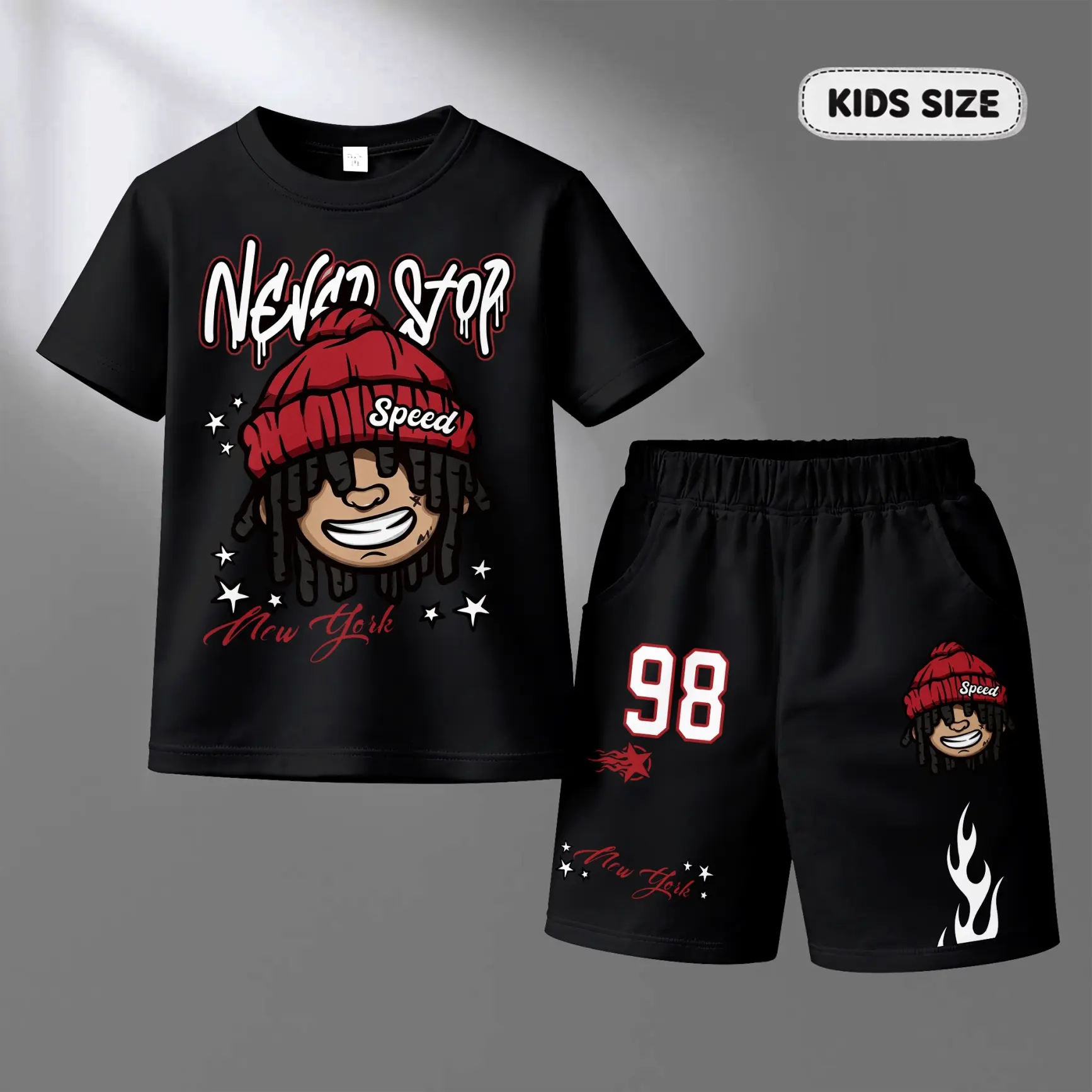 Boys’ New York Cartoon Character Graphic T-Shirt and Shorts Set, Trendy Hip-Hop Streetwear Two-Piece Summer Outfit with Number 98 and Flame Prints for School, Travel, Vacation and Daily Play