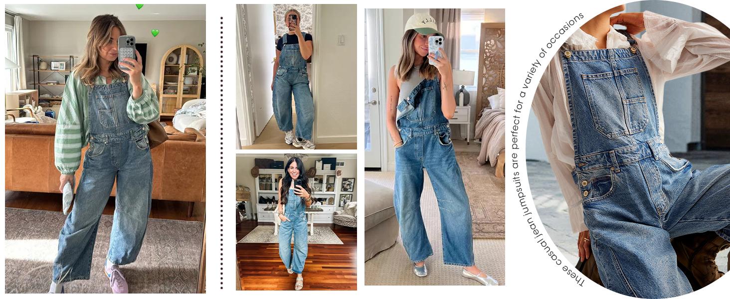Imily Bela Womens Denim Bib Overalls Barrel Leg Adjustable Strap Jean Pants Jumpsuits with Pockets