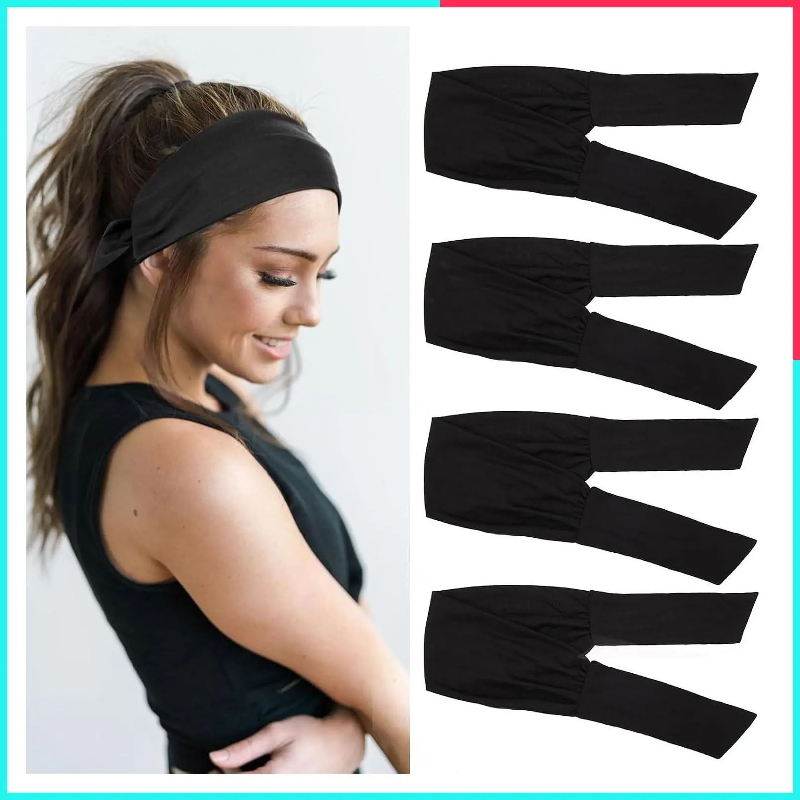 4 Pack Knotted Adjustable Headbands for Women - Black Non-Slip Elastic Hair Bands for Workout, Running, Sports & Yoga