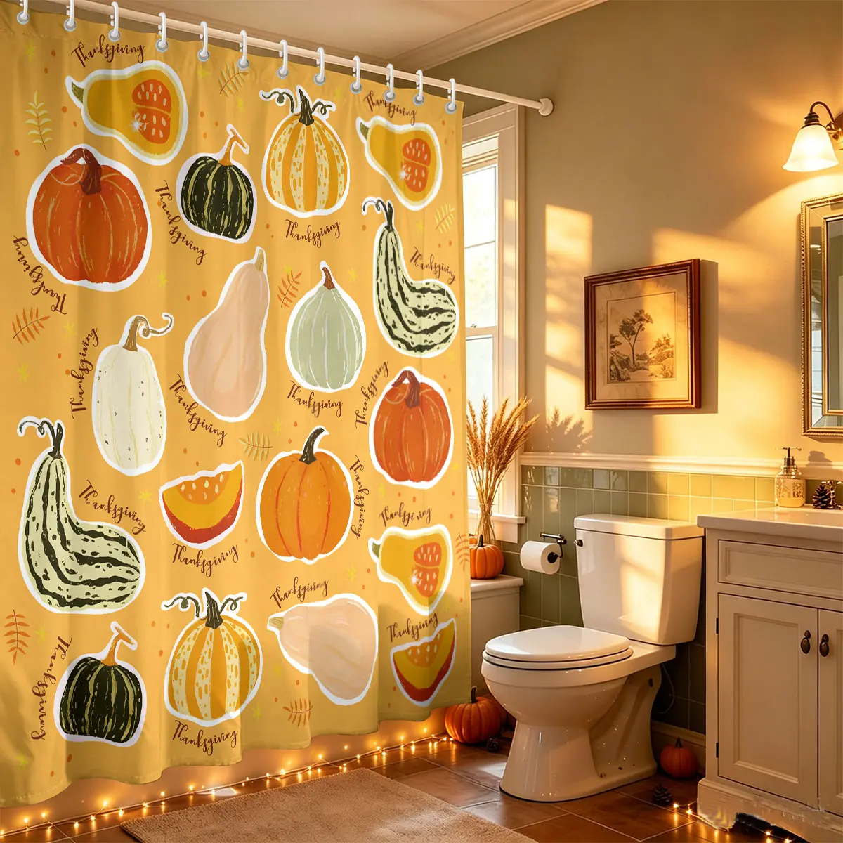 Multi Pumpkin Gourd Yellow Shower Curtain, Fall Season Farmhouse Bathroom Decor Curtain, Dry Wet Separation Privacy Bath Curtain with Plastic Hooks